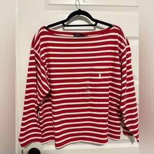 NWT Polo Ralph Lauren Red and White Striped Boatneck Mariner Pocket Tee - Size L